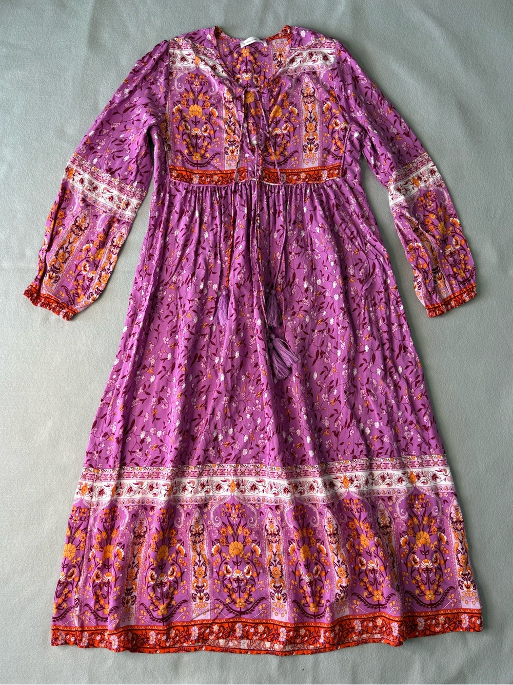 R. Vivimos Purple Floral Boho Midi Dress Tassel Tie Long Sleeve S